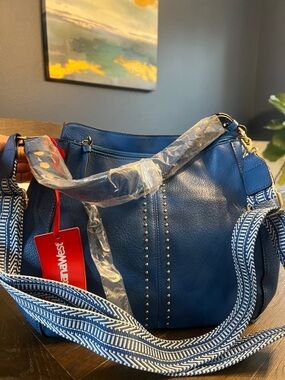 Montana West Blue Stud-Detail Shoulder Bag with Patterned Strap